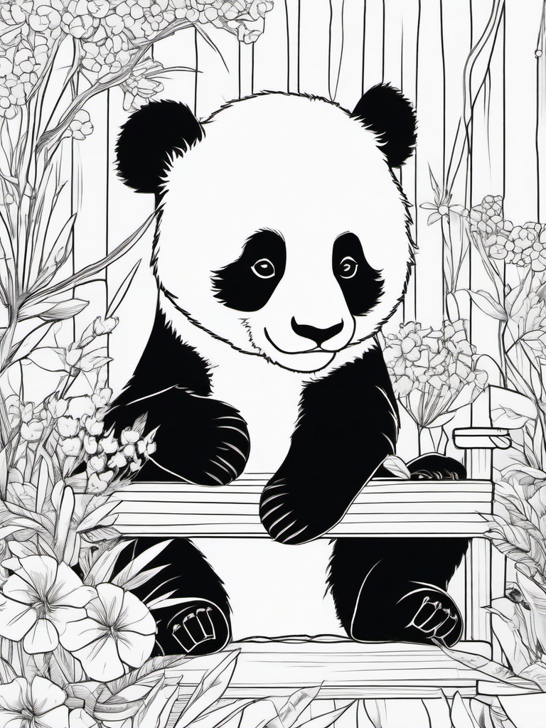 Panda Coloring Pages - Panda in a cozy den decorated with flowers  simple coloring pages