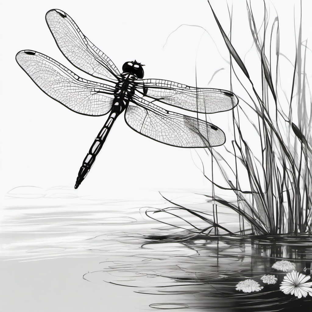 drawing of a dragonfly in a pond  minimal rough sketch scribbles,doodles,black and white