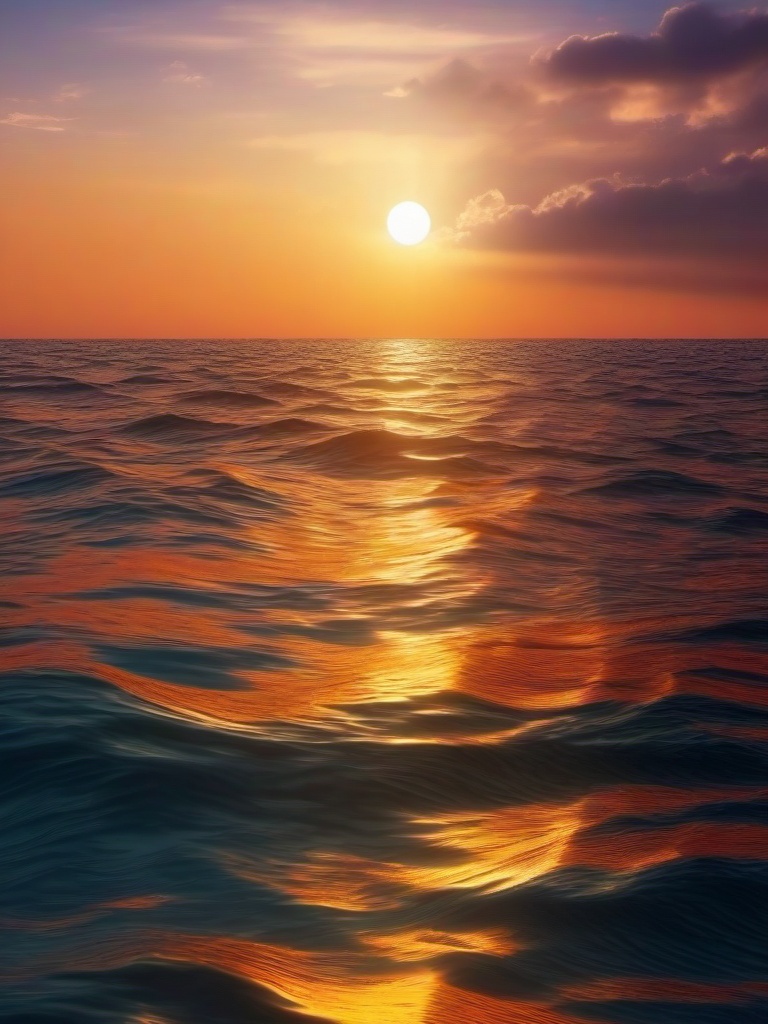 Sunset over the tranquil ocean close shot perspective view, photo realistic background, hyper detail, high resolution