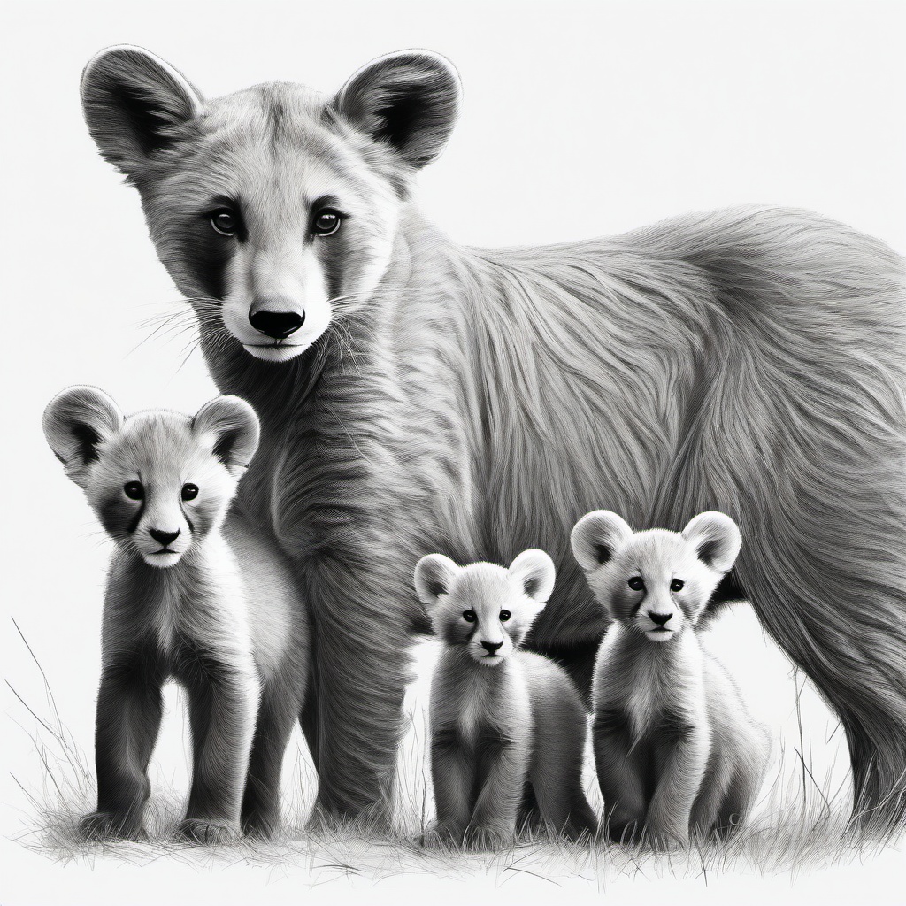 drawing of an animal with its cubs  minimal rough sketch scribbles,doodles,black and white