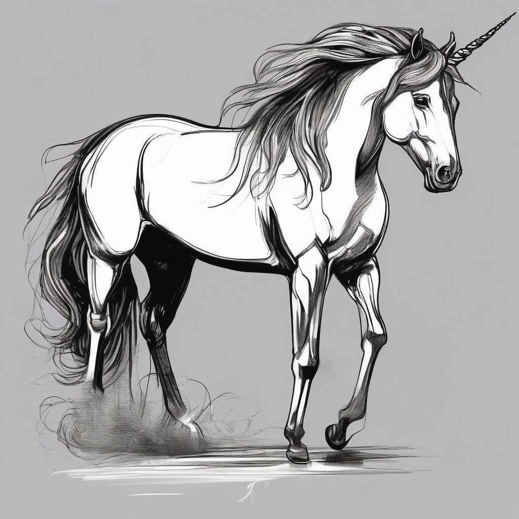 drawing of a unicorn with a companion  minimal rough sketch scribbles,doodles,black and white