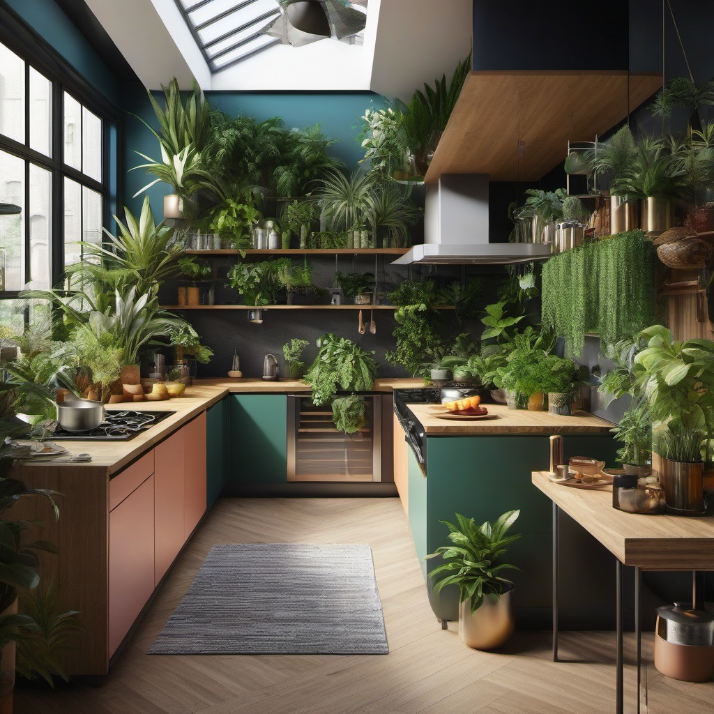 Urban Jungle Cooking Oasis - Turn your kitchen into an urban jungle with houseplants. , kitchen layout design ideas, multicoloured, photo realistic, hyper detail, high resolution,