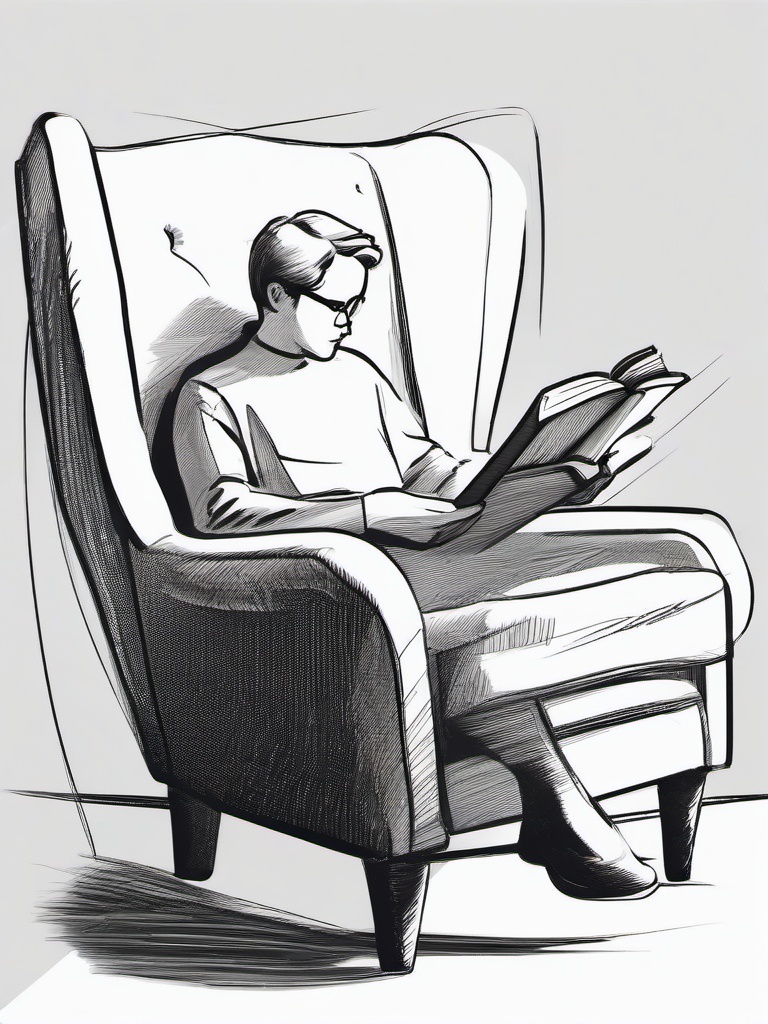 Book clipart - person reading in a cozy chair  minimal rough sketch scribbles,doodles,black and white