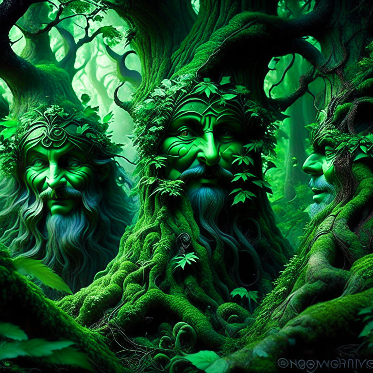 leshy spirits playfully shape-shifting among ancient, enchanted trees in an emerald grove. 