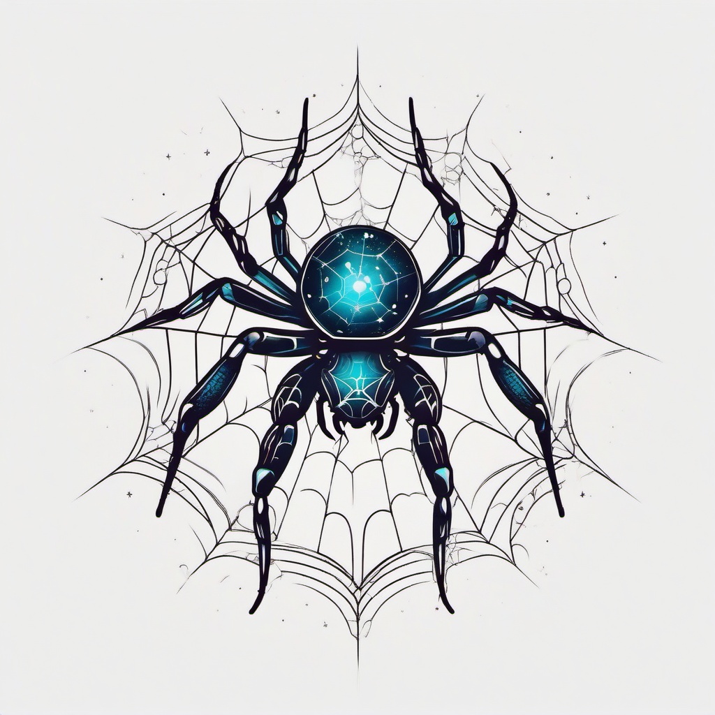 Spider Tattoo-cosmic spider design with celestial elements, adding an otherworldly twist to this eight-legged creature. Colored tattoo designs, minimalist, white background.  color tatto style, minimalist design, white background