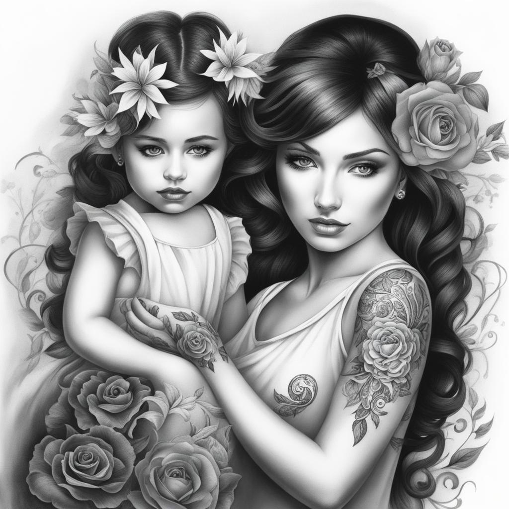 mom and daughter tattoos black and white design 