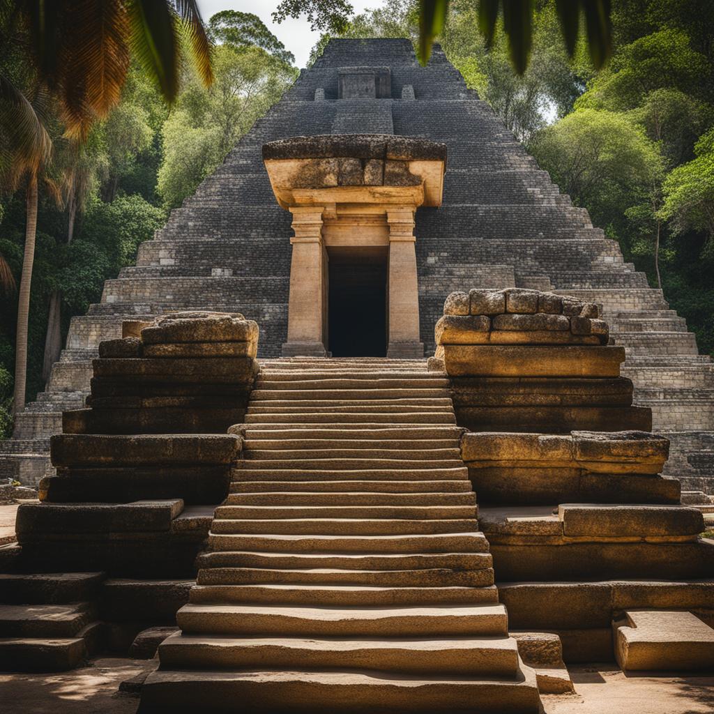 mayan ruins, ancient mayan archaeological sites with intricate stone carvings and pyramids. 