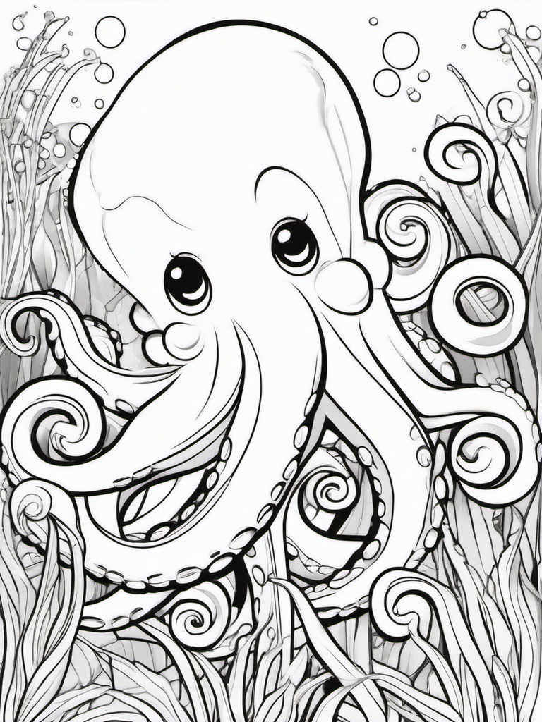 Octopus Coloring Pages - Octopus in a kelp forest with bubbles  simple coloring pages