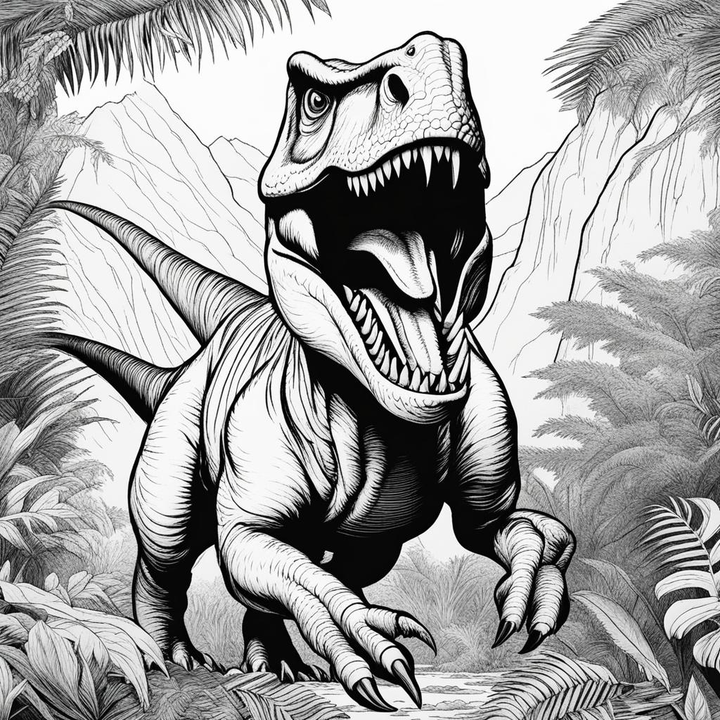 dinosaur coloring pages - a fearsome t-rex roars in a prehistoric jungle. 