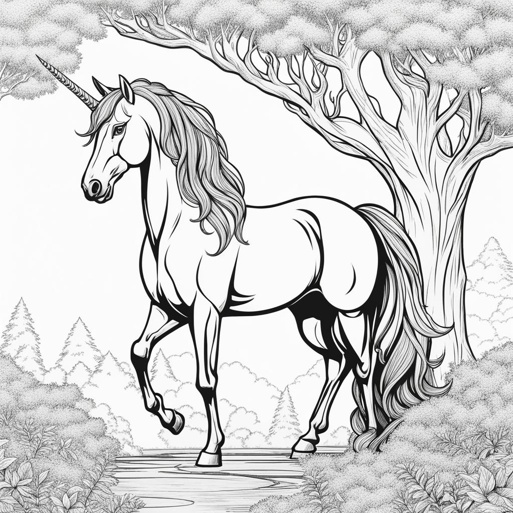 unicorn coloring pages - enigmatic unicorn dwelling in the heart of an ancient forest, its whereabouts known only to the wise. 