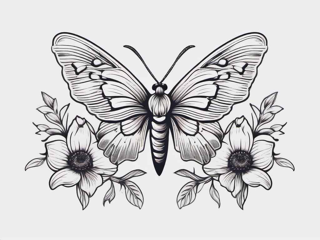 Moth Flower Tattoo - Embrace the symbolic connection between moths and flowers with a tattoo design that celebrates the beauty of nature.  simple vector color tattoo, minimal, white background