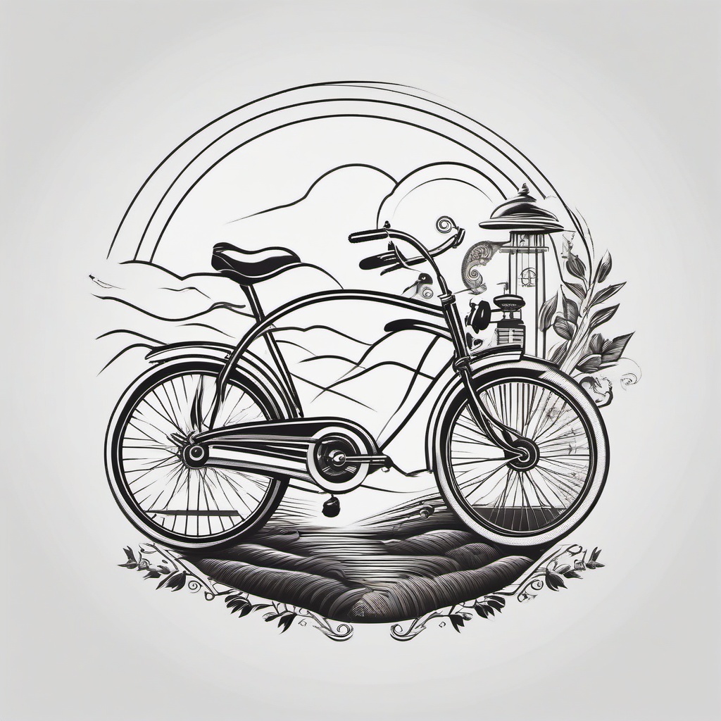 Bicycle Tattoo - A vintage bicycle tattoo on a winding road  few color tattoo design, simple line art, design clean white background