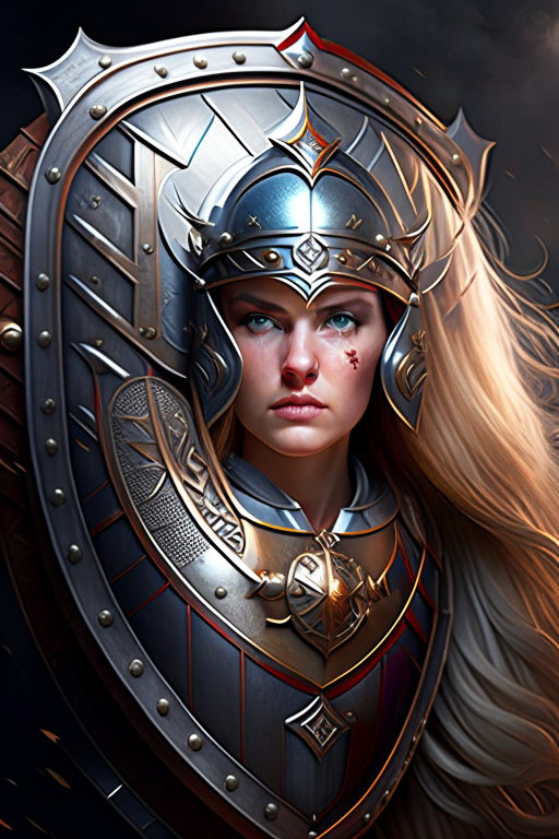 resilient shieldmaiden defending allies with a massive shield, stalwart in the fray. 