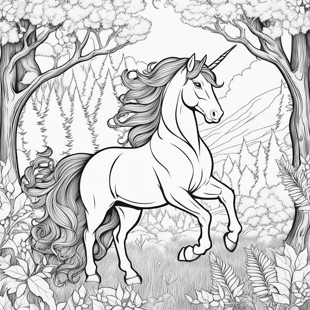 unicorn coloring pages - playful unicorn engaging in a spirited game of tag with forest creatures among sun-dappled trees. 