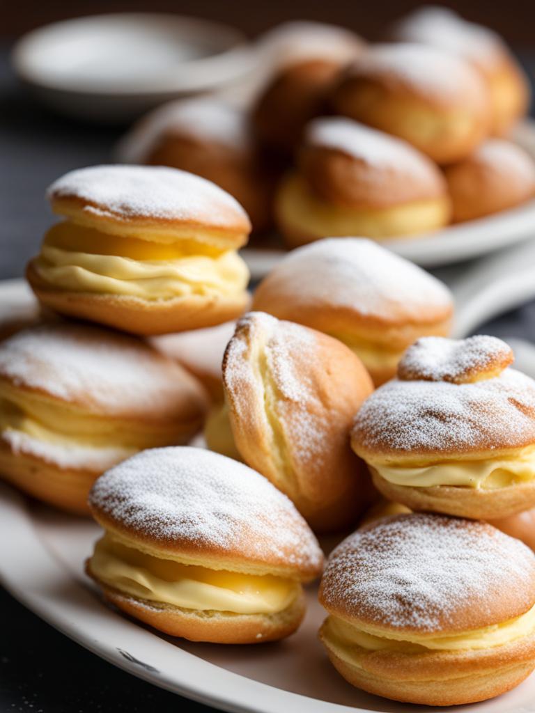 a platter of dainty cream puffs, filled with a delicate pastry cream and dusted with powdered sugar. 