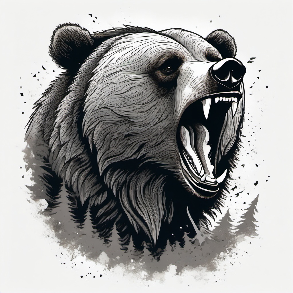 Grizzly Bear roaring. Blends into forrest and mountains   ,tattoo design, white background