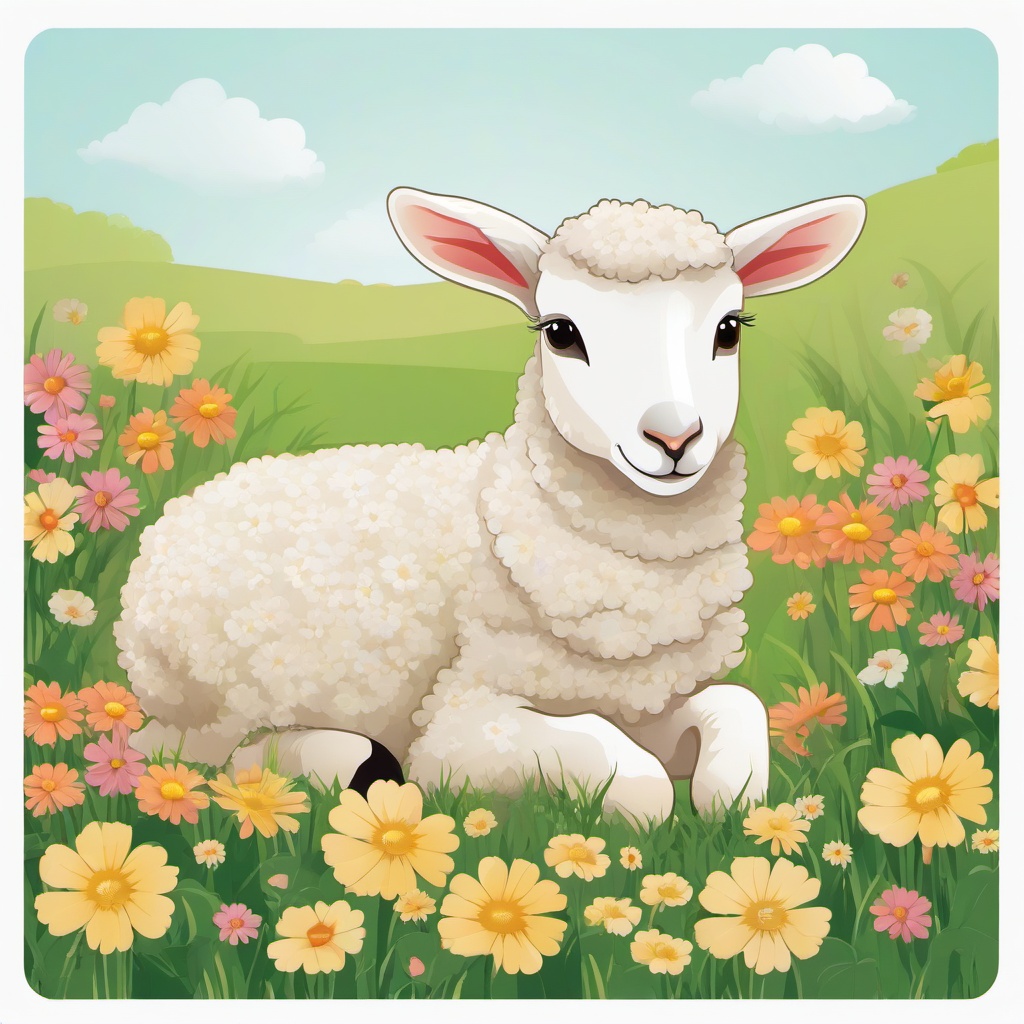 Lamb clipart - lamb lying down in a field of flowers  