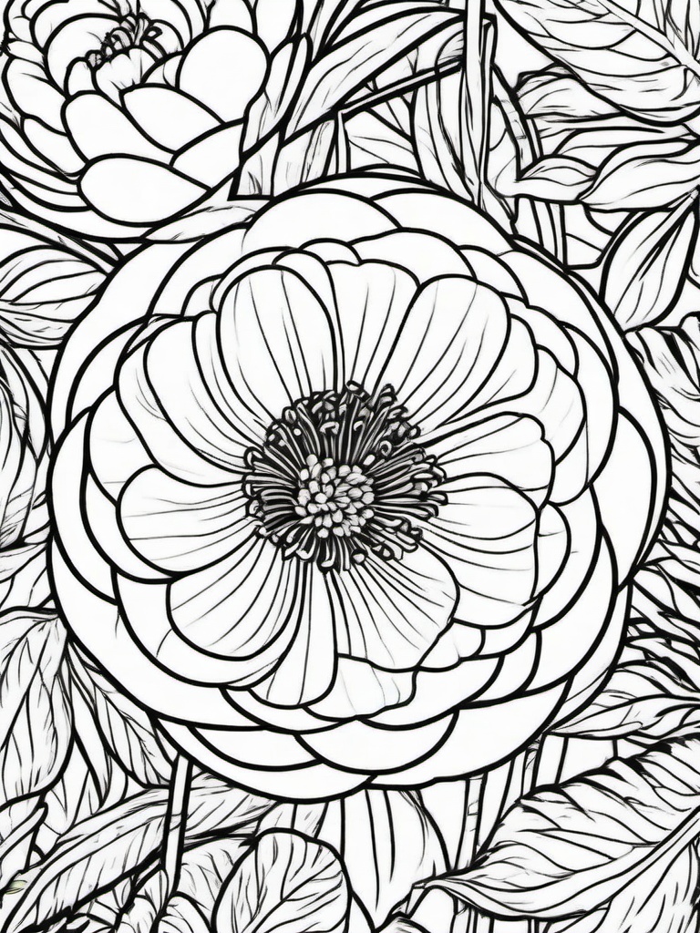 Ranunculus coloring page sheet - A ranunculus flower surrounded by lush greenery.  black outline printable coloring page