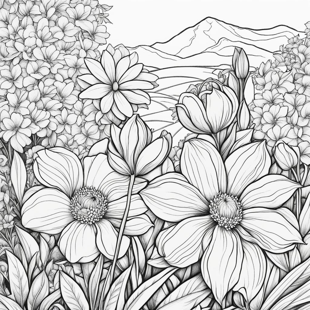 flower coloring pages - vibrant flowers bloom in a lush garden filled with life. 