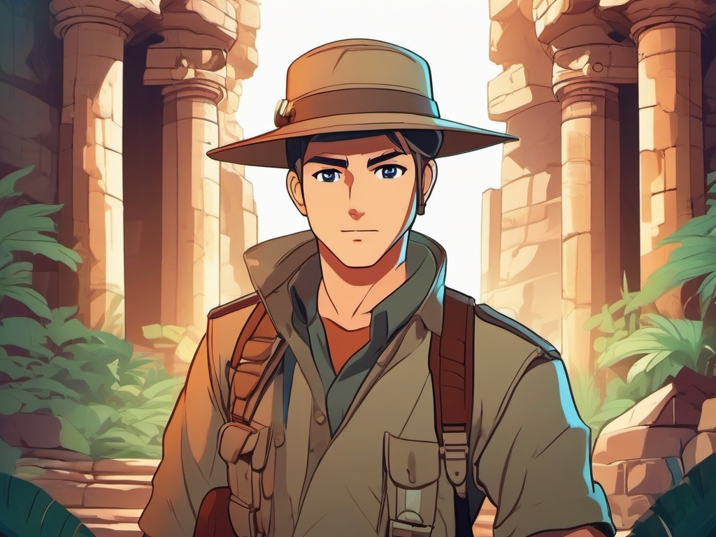 Adventurous archaeologist in ancient ruins.  front facing ,centered portrait shot, cute anime color style, pfp, full face visible