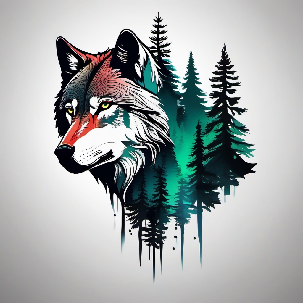 forest wolf tattoo  simple color tattoo,white background