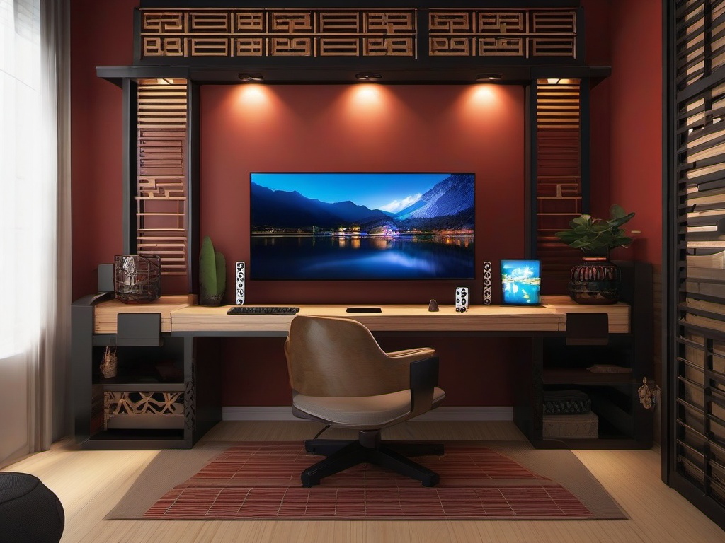 Asian Fusion gamer room blends practical design with decorative elements inspired by various Asian cultures for a tranquil gaming atmosphere.  