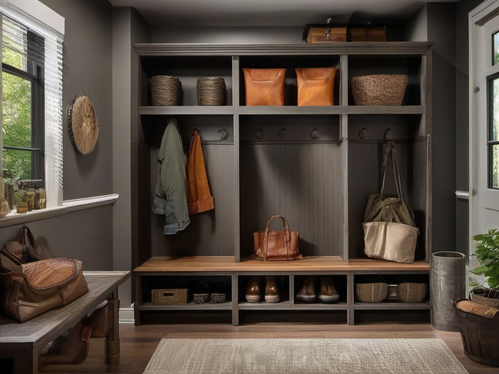 A mudroom designed with Post-Apocalyptic interior design includes repurposed storage solutions, weathered decor, and earthy accents that make coming and going a functional yet inviting experience.  