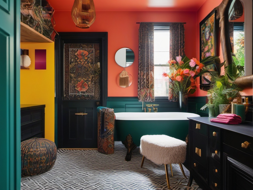 Maximalist small bathroom showcases bold colors, intricate patterns, and eclectic decor, making it a lively and dynamic environment for self-care.  