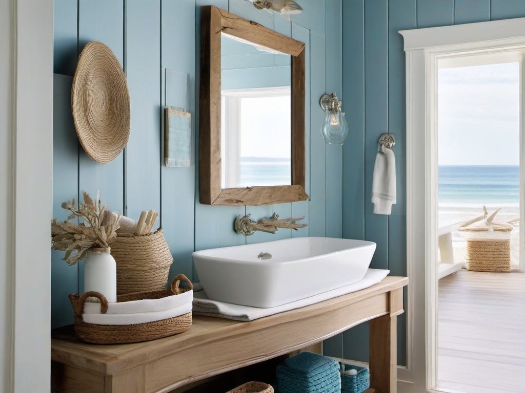 Coastal bathroom features soft blue tiles, driftwood accents, and nautical decor, bringing the calming feel of the beach indoors.  