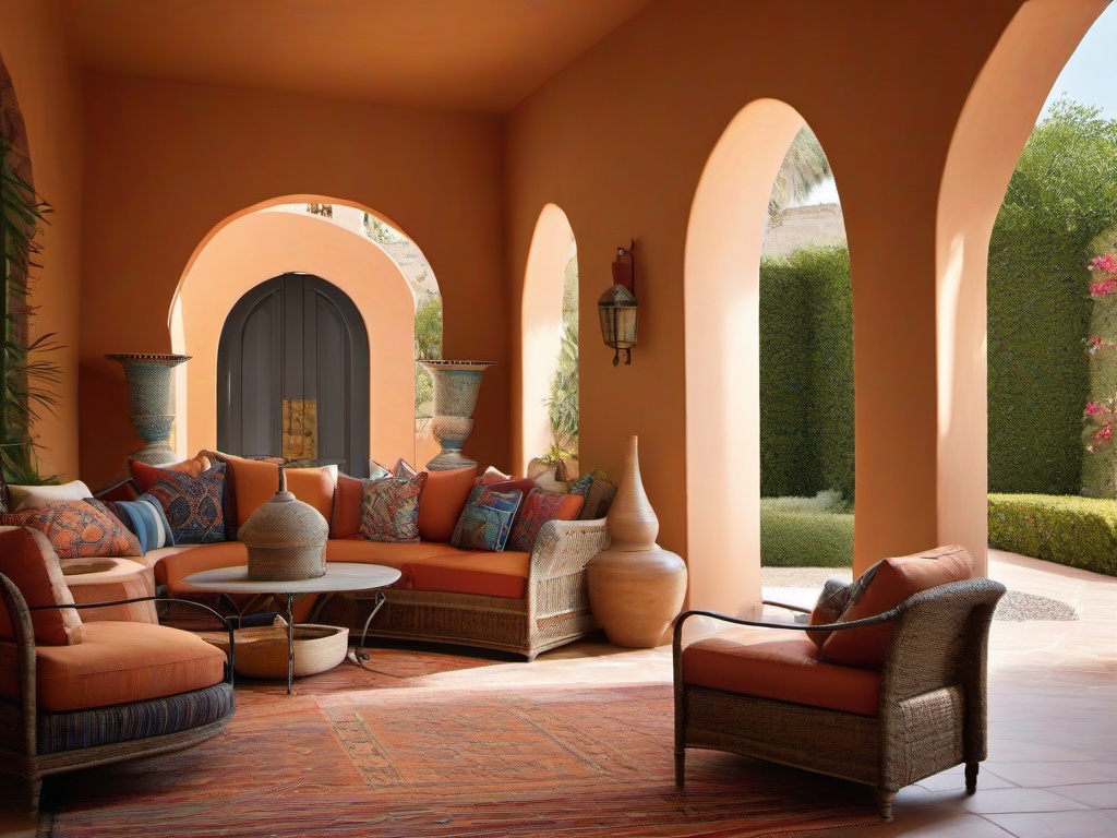 Mediterranean living room features arched doorways, terracotta tiles, and vibrant textiles that create a relaxed and inviting ambiance.  