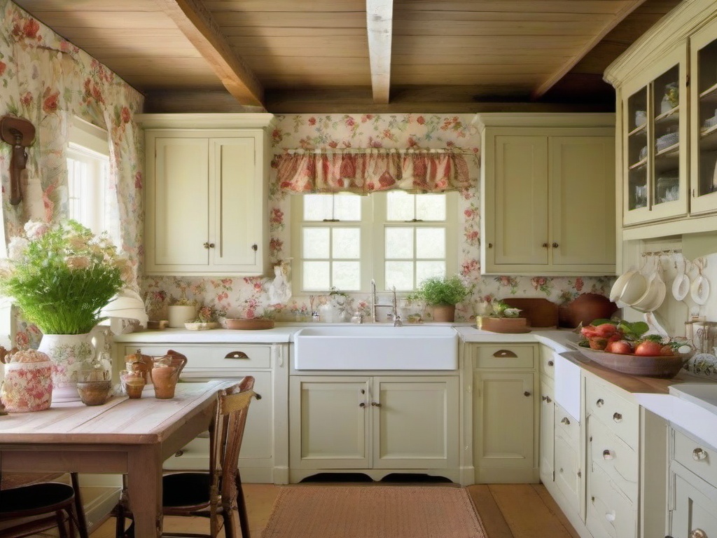 Cottage kitchen with floral wallpaper, vintage dishware, and whitewashed cabinets evokes the charm of a countryside cottage.  