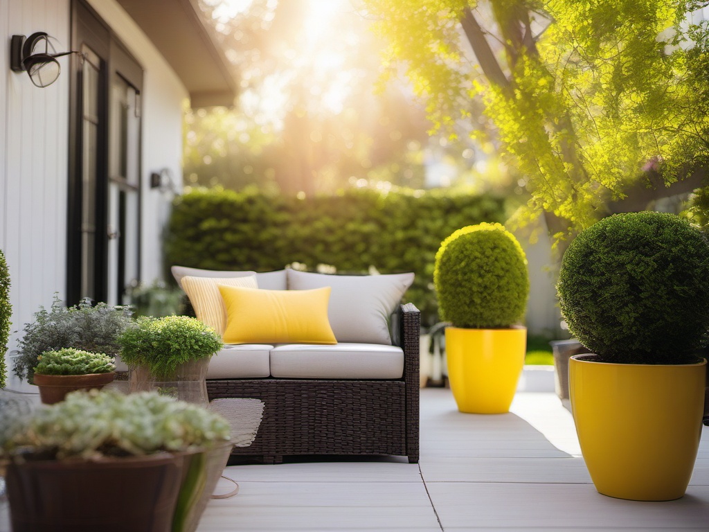 Sunny Patio Space - Sunny patio space with bright yellow accents and potted plants. realistic, professional photography, bokeh, natural lighting, canon lens, shot on dslr 64 megapixels sharp focus