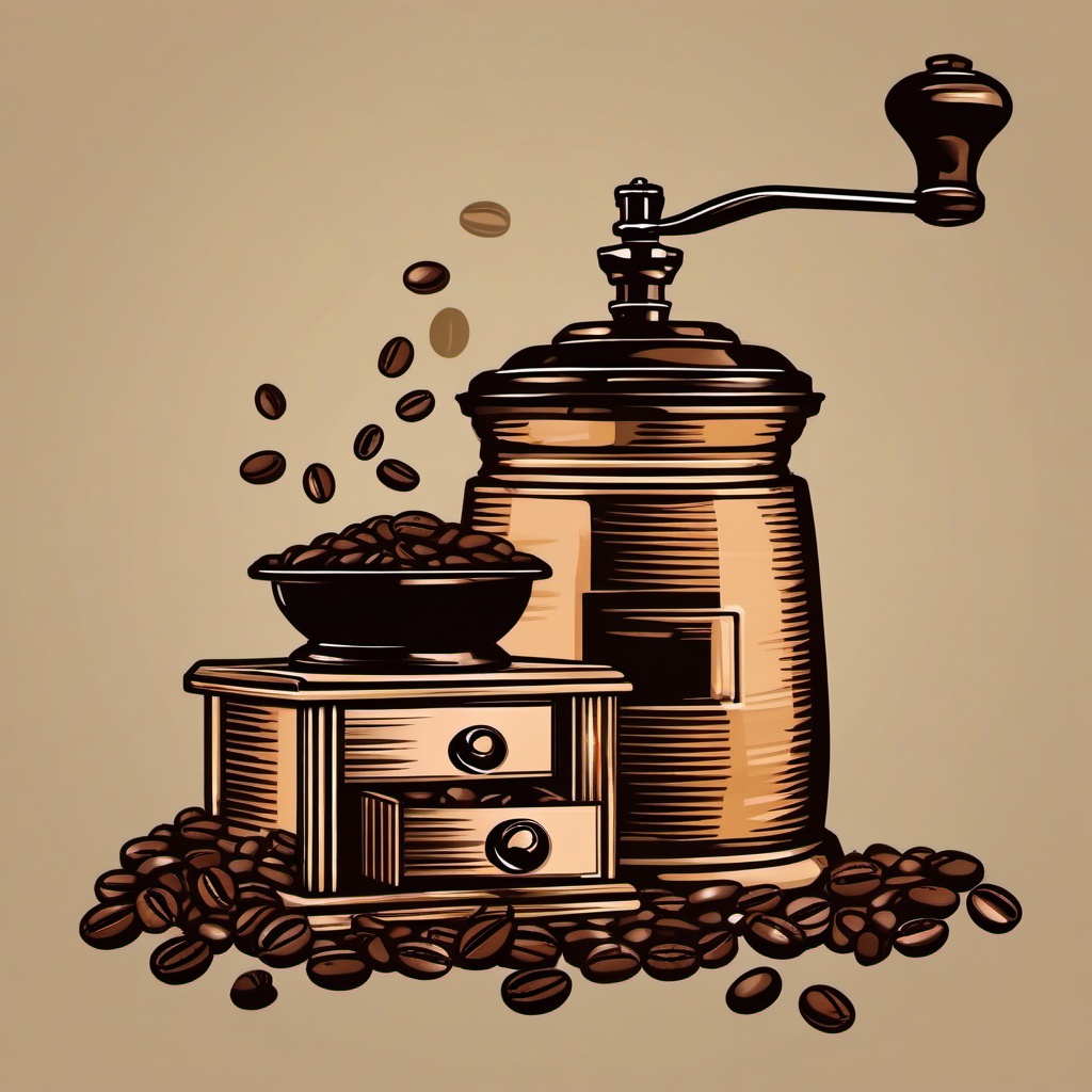 Coffee Grinder and Fresh Beans Clipart - Vintage coffee grinder with a bag of fresh beans.  color clipart, minimalist, vector art, 