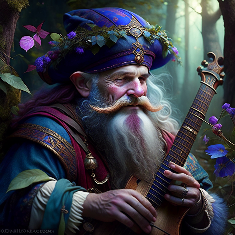 firbolg bard storyteller, spinning tales of ancient lore and weaving enchanting melodies. 