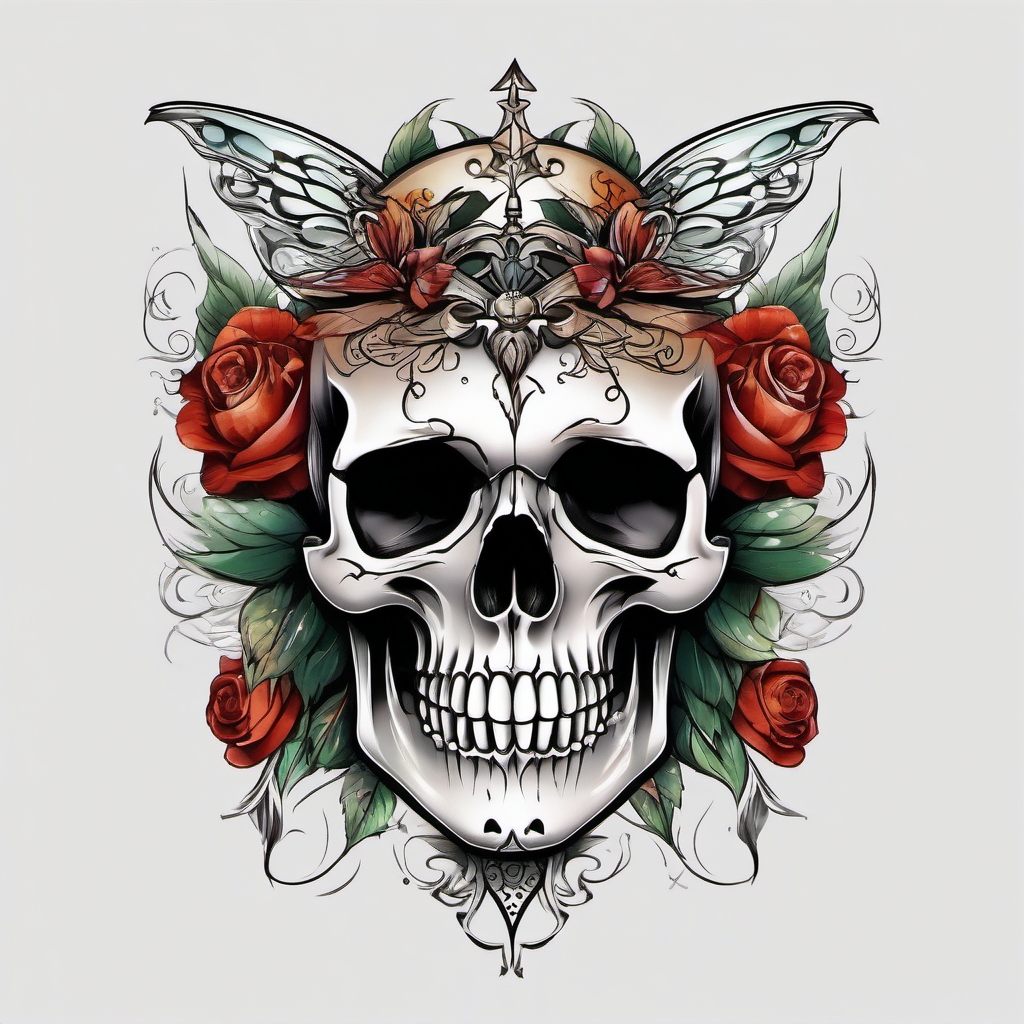 fairy skull tattoo  simple color tattoo style,white background