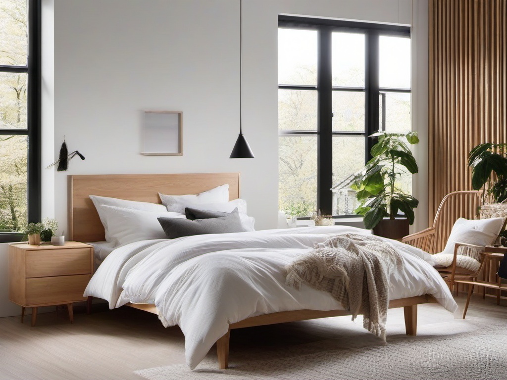 Scandinavian master bedroom blends light wood furniture, crisp white bedding, and cozy textiles, offering a warm and inviting atmosphere.  