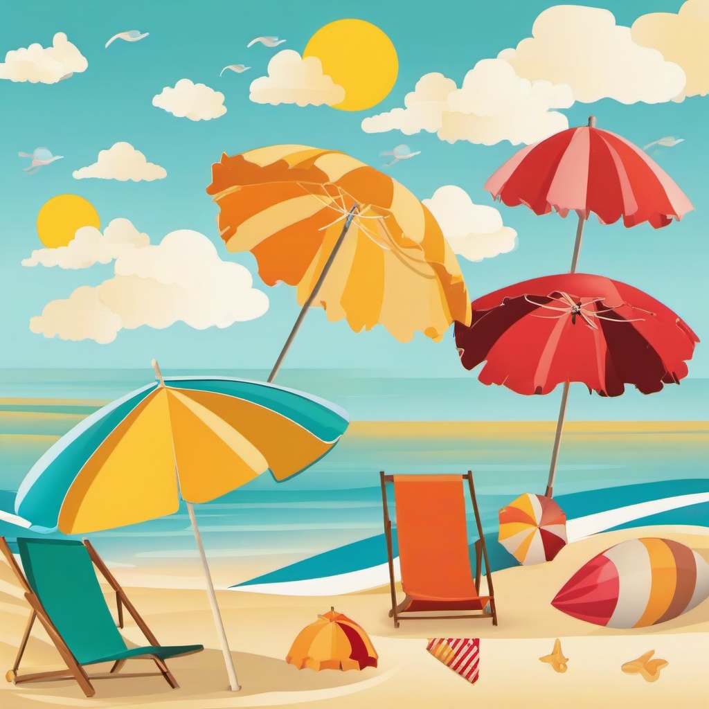 August clipart - sunny August beach day with umbrellas  