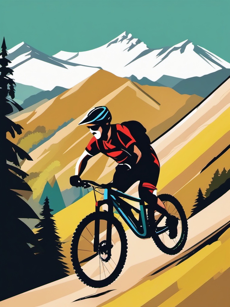 Mountain Biking Downhill Descent Clipart - A mountain biker descending a challenging downhill trail.  color vector clipart, minimal style