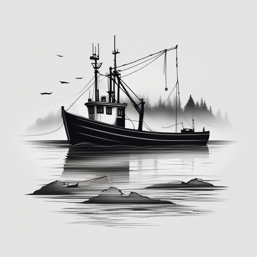 Fishing boat in the mist tattoo. Maritime mystery in ink.  minimalist black white tattoo style