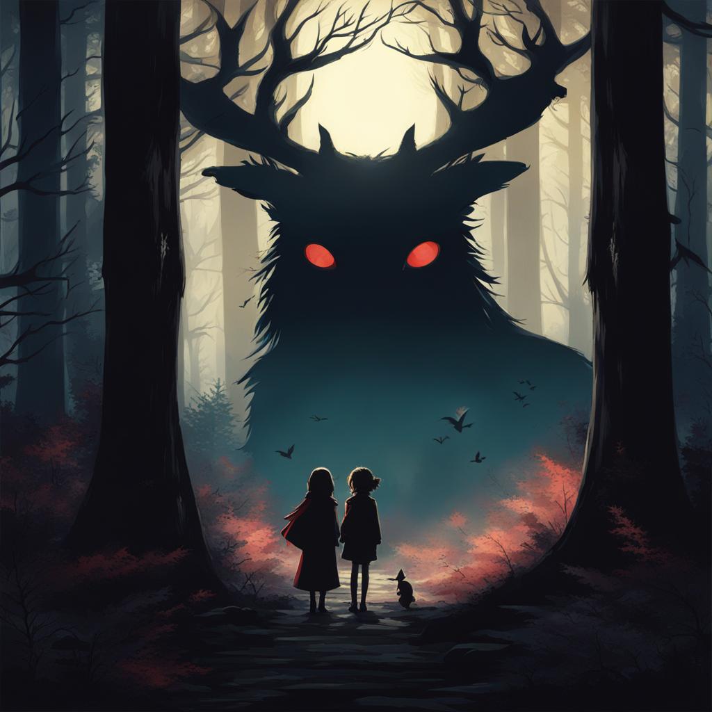 creepy forest encounter - create an artwork of anime characters encountering eerie creatures in a dark and creepy forest. 