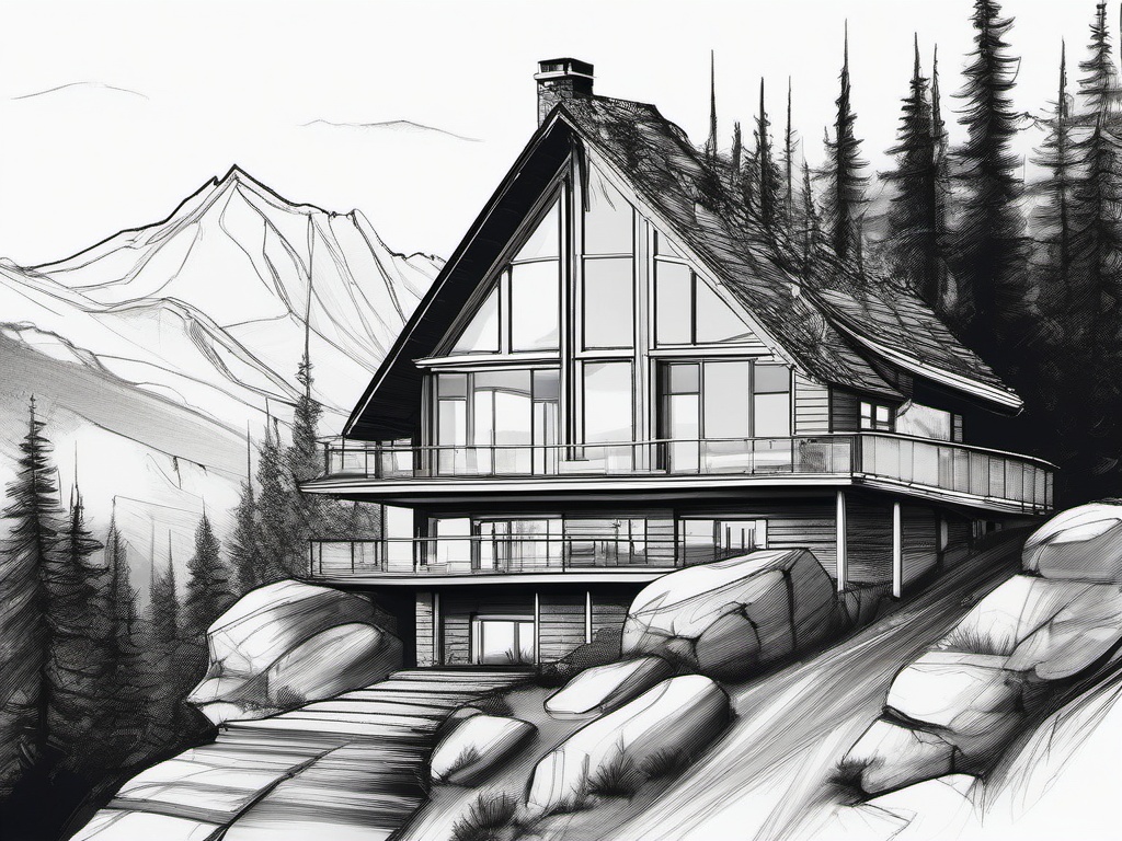 drawing of a mountain house  minimal rough sketch scribbles,doodles,black and white