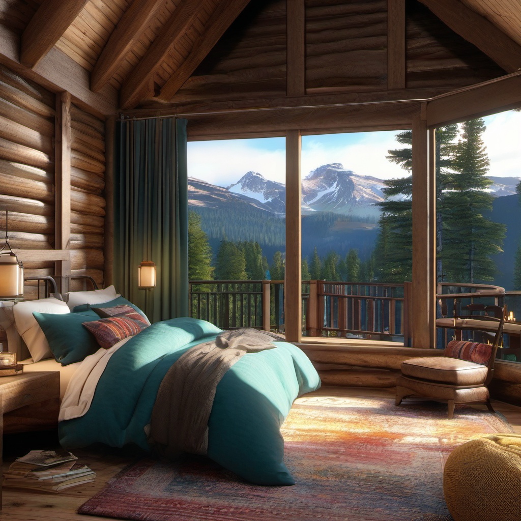 Mountain Cabin Cozy Retreat - Bring the cozy charm of a mountain cabin into your bedroom. , bedroom interior decor design ideas, multicoloured, photo realistic, hyper detail, high resolution,