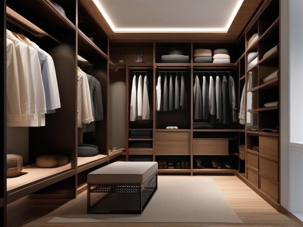 In the walk-in closet, Japanese Zen interior design includes functional shelving, natural lighting, and a serene atmosphere that create a stylish and efficient dressing area.  