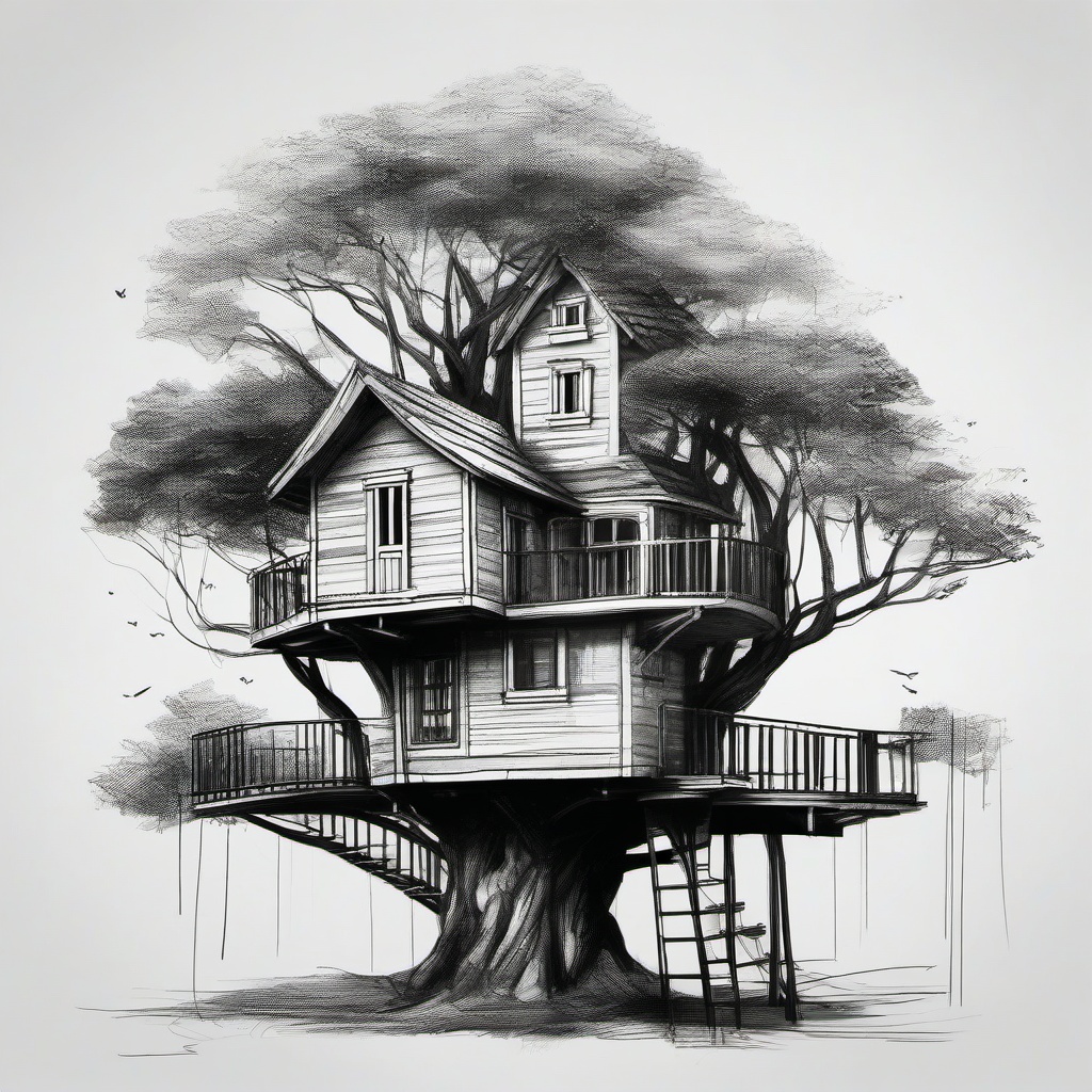 drawing of a treehouse  minimal rough sketch scribbles,doodles,black and white