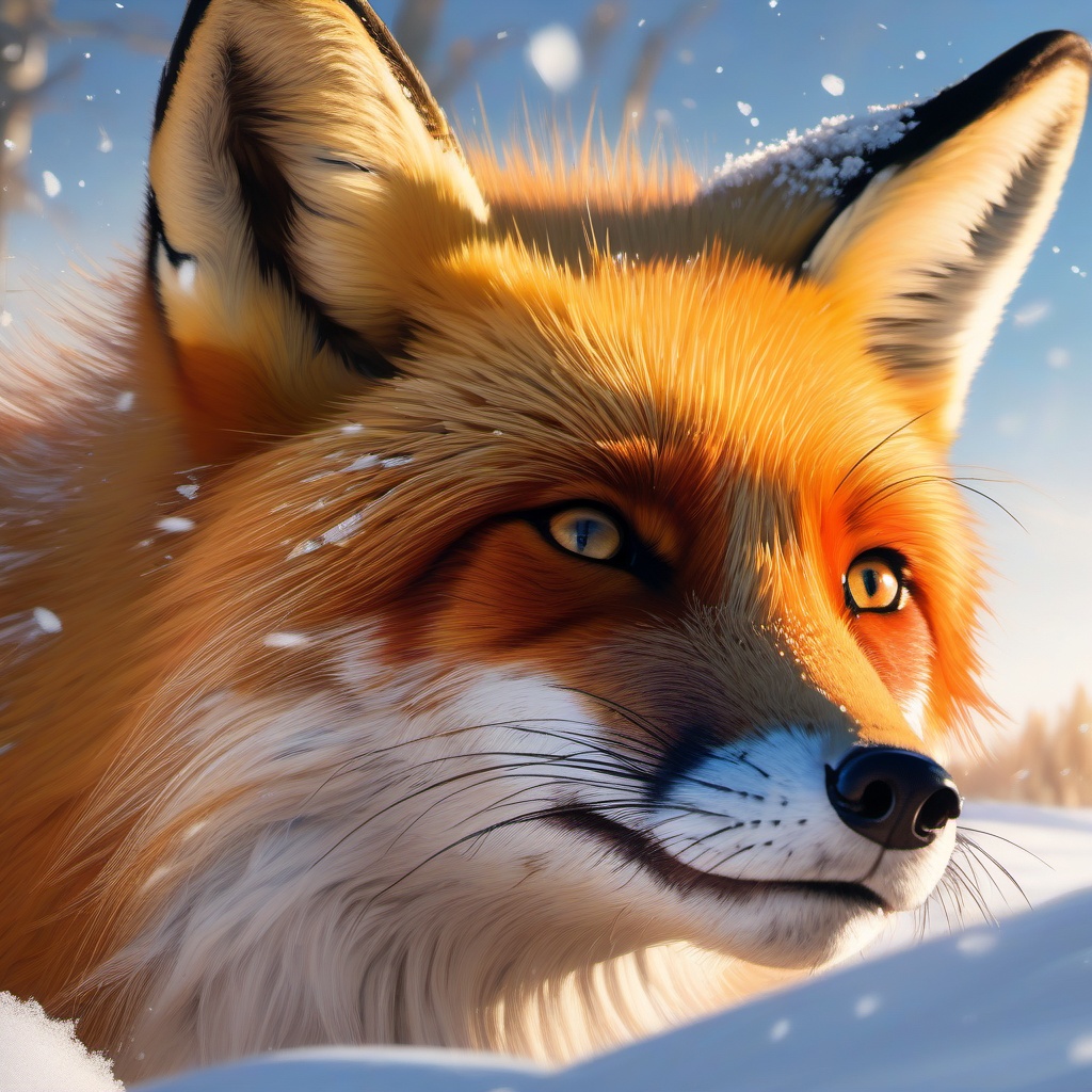 Depths of sunlit meadow, curious red fox pounces and plays in fresh, powdery snow, its vibrant fur stark contrast to white landscape. hyperrealistic, intricately detailed, color depth,splash art, concept art, mid shot, sharp focus, dramatic, 2/3 face angle, side light, colorful background