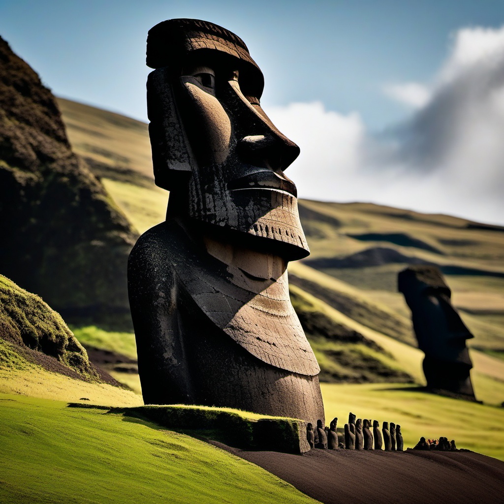 moai of easter island - reveal the enigmatic moai statues of easter island, standing in silent testament to a lost civilization. One signle lonely easter statue in the center of the pictture 