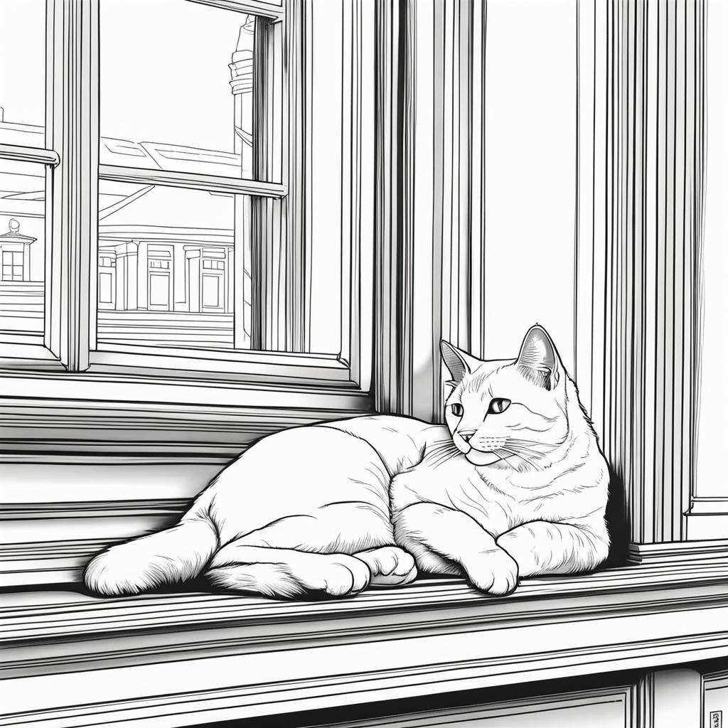 cat coloring pages - a cat naps peacefully on a sun-drenched windowsill. 