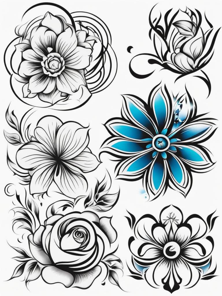 Floral tattoo stencil, Design templates used by tattoo artists for creating floral-themed tattoos. ,colorful, tattoo pattern, clean white background