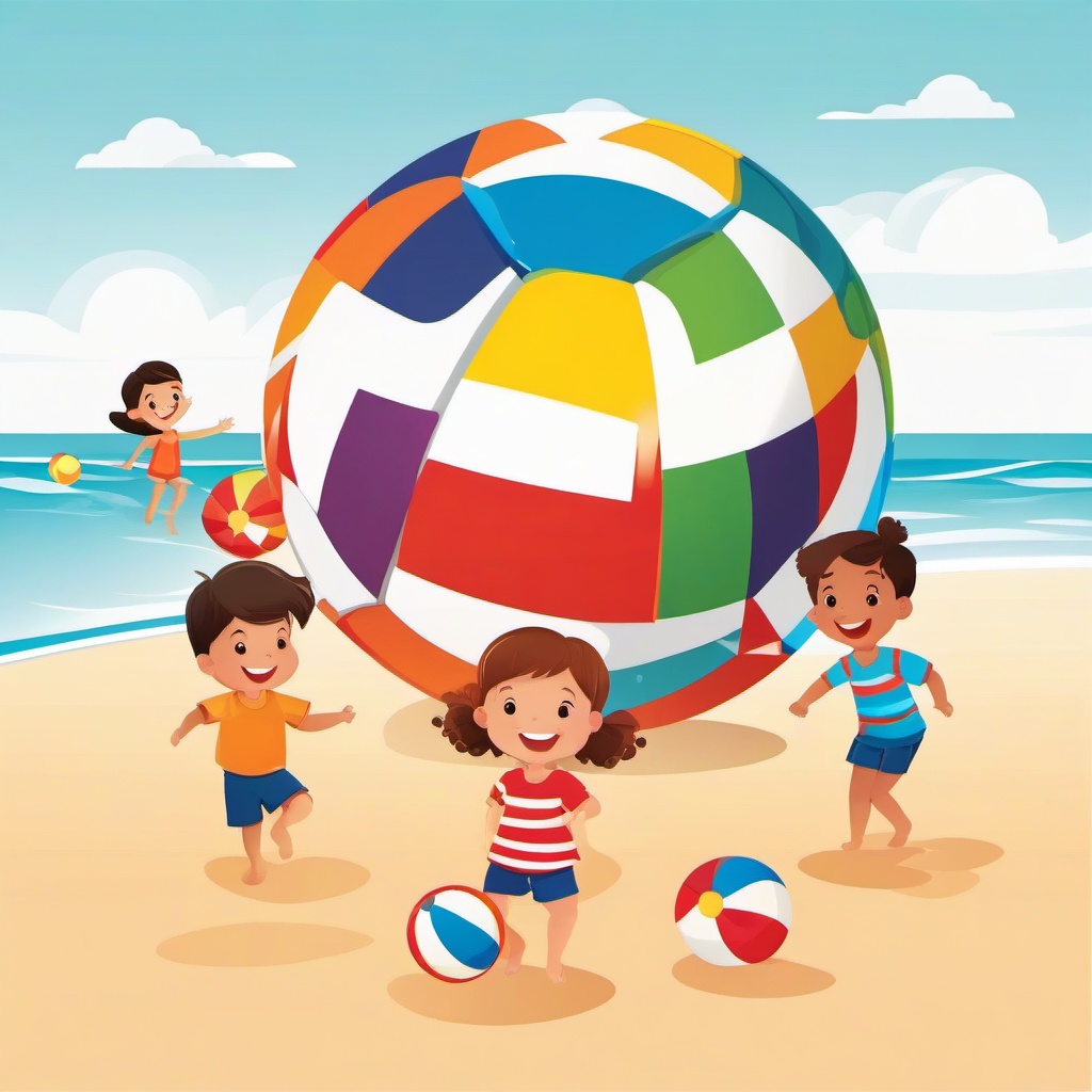 Beach ball with kids playing clipart.  vector style illustration, white background