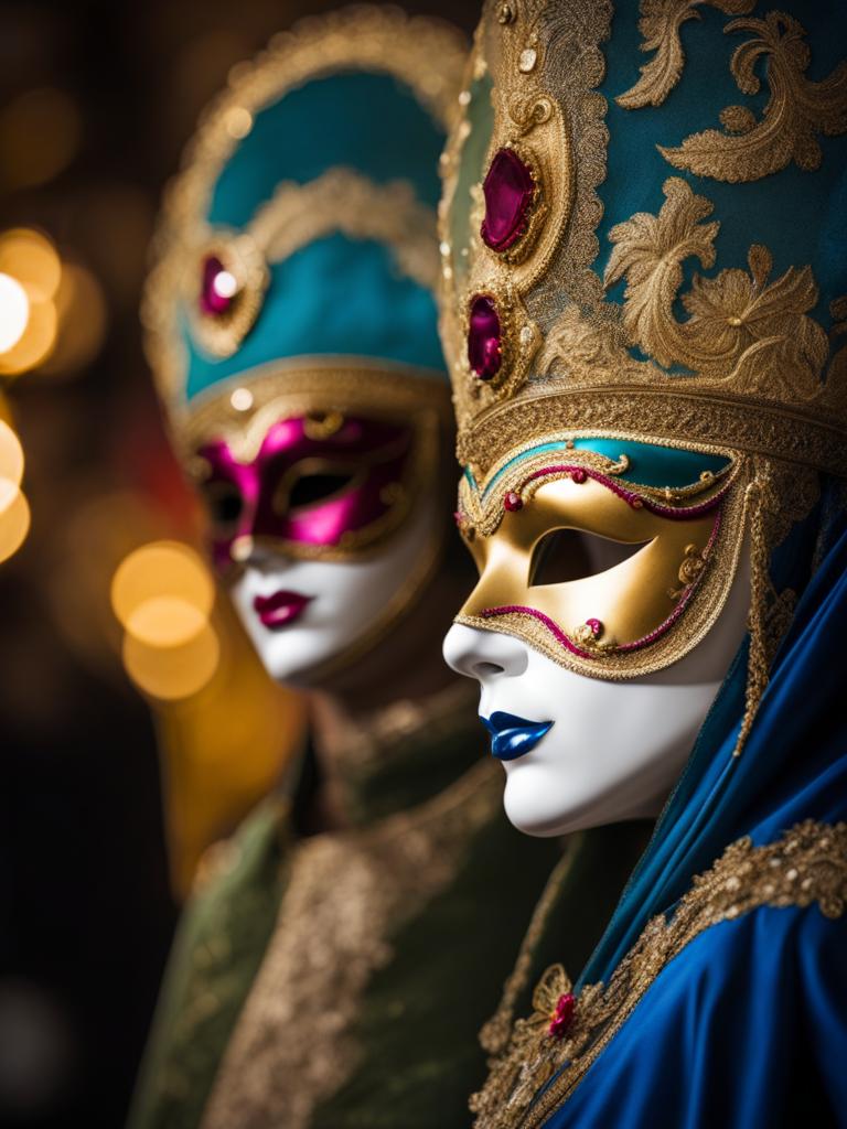 venetian masks, a venetian carnival scene with intricate masks and colorful costumes. 